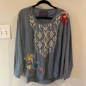 Johnny Was Shirt Long Sleeve Blue Gray Colorful White Embroidery